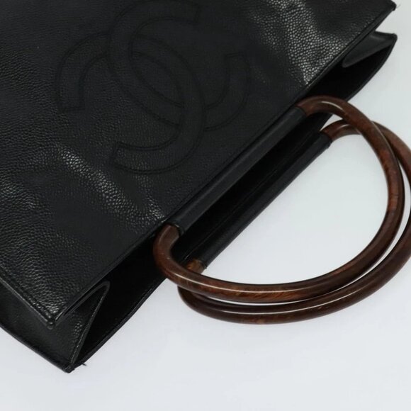 CHANEL COCO Mark Hand Bag Calf Skin Black Gold CC Auth 119391 - Picture 7 of 15